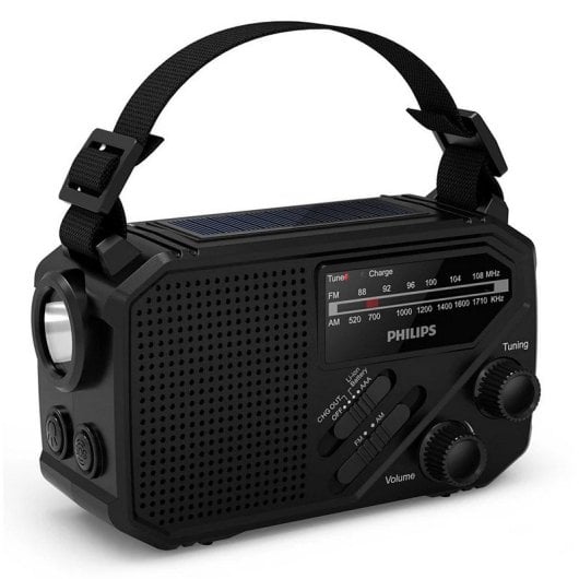 Philips TAR1609/00 Radio Portátil FM/AM con Linterna Integrada y Carga por USB-C, Solar o Manivela