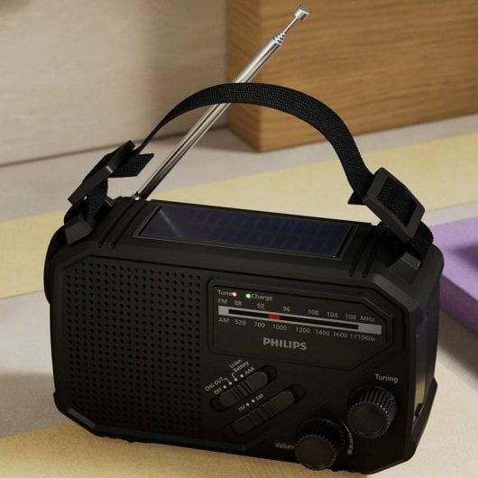 Philips TAR1609/00 Radio Portátil FM/AM con Linterna Integrada y Carga por USB-C, Solar o Manivela