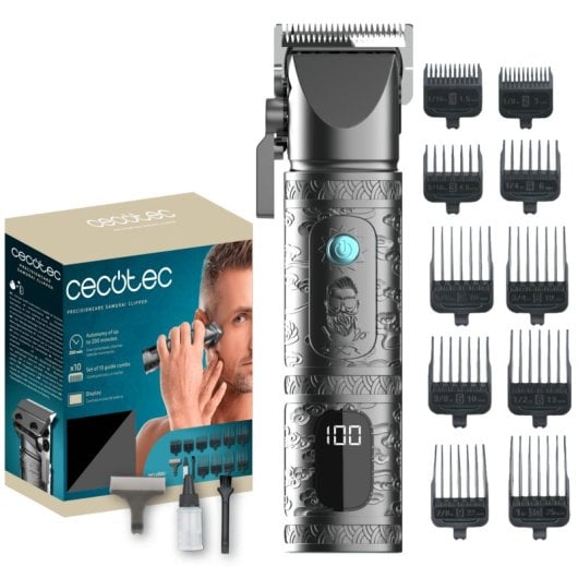 Tondeuse Cecotec PrecisionCare Samurai Clipper 10 guides coupe inox 200 min LCD