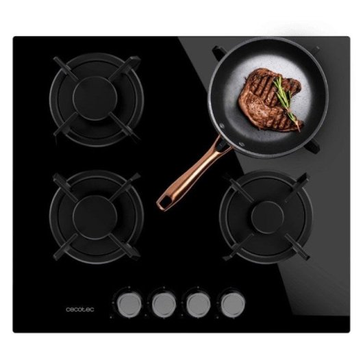 Placa de gas Cecotec Bolero Squad G 4200S 4 fuegos 8kW cristal negro WOK triple corona