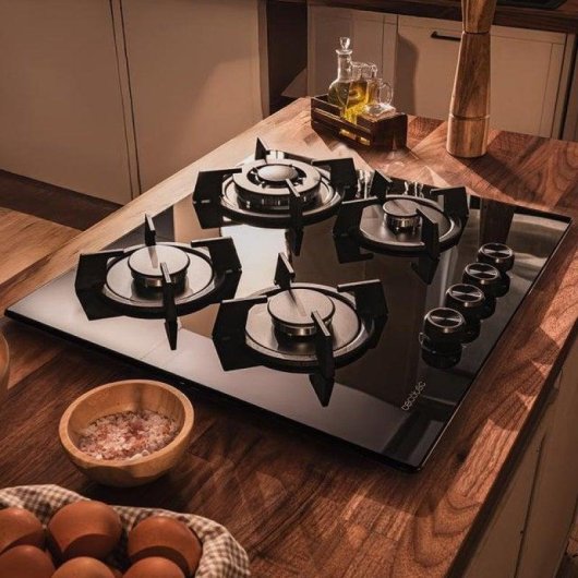 Placa de gas Cecotec Bolero Squad G 4200S 4 fuegos 8kW cristal negro WOK triple corona