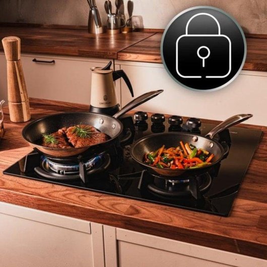 Placa de gas Cecotec Bolero Squad G 4200S 4 fuegos 8kW cristal negro WOK triple corona