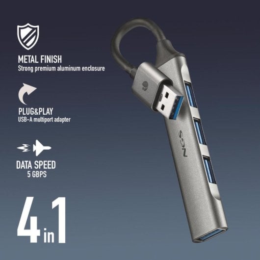 NGS IHUB4 MICRO HUB 4 Puertos USB-A 3.2 5000Mbit/s a 1x USB 3.2 / 3x USB Plata