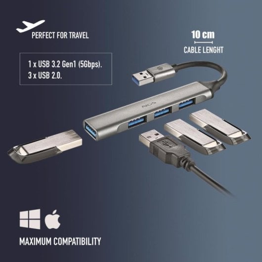 NGS IHUB4 MICRO HUB 4 Puertos USB-A 3.2 5000Mbit/s a 1x USB 3.2 / 3x USB Plata