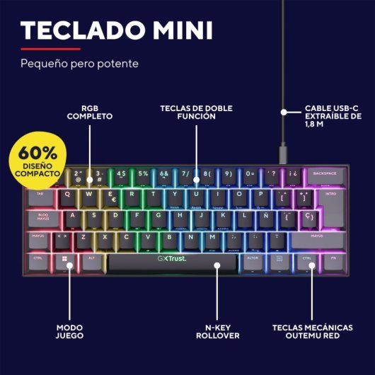 Trust GXT 867 Acira 60 Mechanische Gaming-Tastatur, 60 % RGB-Schalter, Outemu-Rot, Schwarz