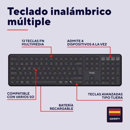 Clavier sans fil Bluetooth rechargeable multi-appareils Trust Vaiya, noir