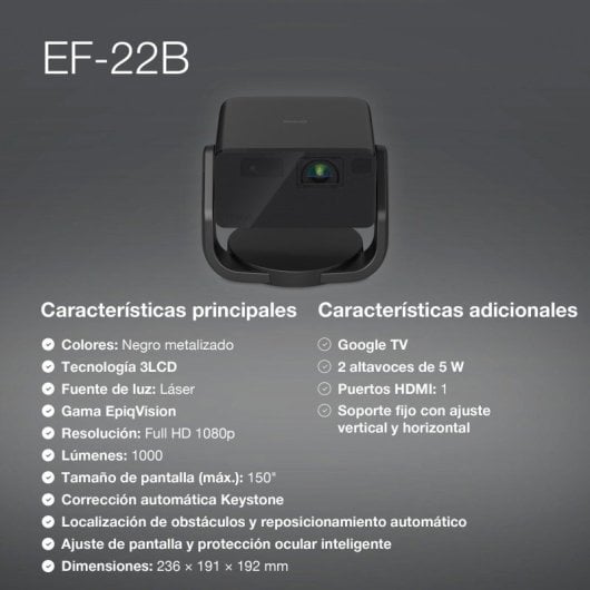 Epson EF-22B Proyector Láser 3LCD FullHD HDR10 Google TV 1000 Lúmenes ANSI Negro