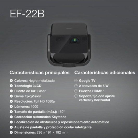Projetor Epson EF-22B FullHD 1000 Lúmenes 150" Laser 3LCD Google TV Portátil