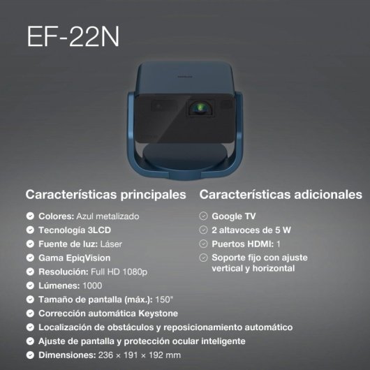 Epson EF-22N Proyector Láser 3LCD FullHD HDR10 Google TV 1000 Lúmenes ANSI Azul