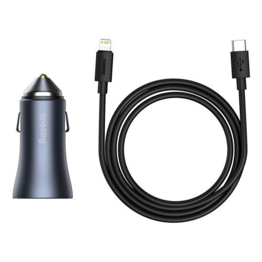 Chargeur allume-cigare Baseus Golden Contactor Pro 40 W à charge rapide USB-C + USB-A avec câble USB-C vers Lightning de 1 m