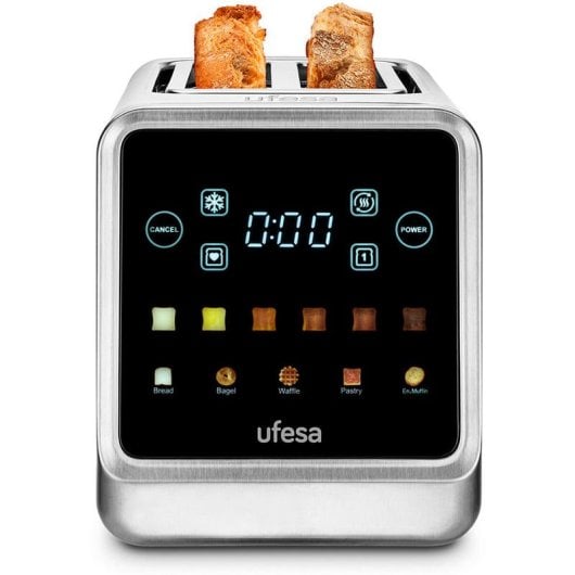 Ufesa OneTouch Duo Tostadora de 2 Ranuras Extra Anchas y Pantalla LED 850W Acero Inoxidable