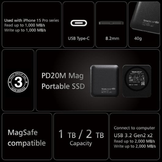 Team Group TPSEG2002T0C108 unità esterna a stato solido 2 TB USB tipo-C USB 3.2 Gen 2x2 Nero