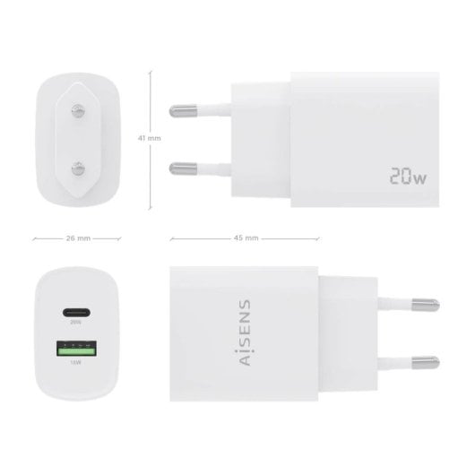 Aisens A110-0754 Cargador 20W 1xUSB-C PD3.0 1xUSB-A QC3.0 Blanco