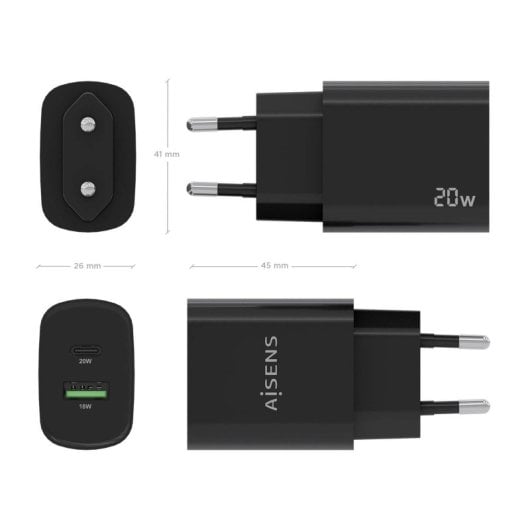 Chargeur Aisens A110-0755 20 W 1 x USB-C PD3.0 1 x USB-A QC3.0 Noir