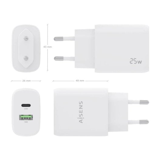 Aisens A110-0758 Cargador 25W 1xUSB-C PD3.0 1xUSB-A QC3.0 Blanco