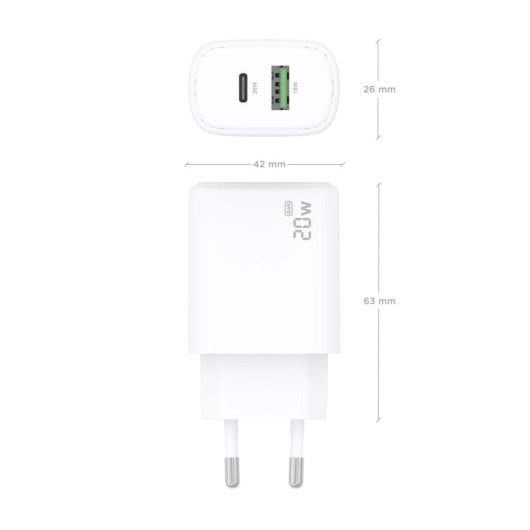Aisens A110-0909 GaN-Ladegerät 20 W 1 x USB-C PD3.0 1 x USB-A QC3.0 Weiß