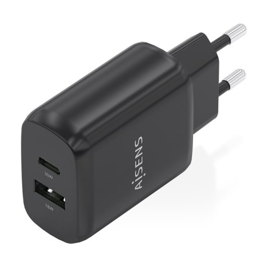 Aisens A110-0924 Cargador GaN 30W 1xUSB-C PD3.0 QC4.0 1xUSB-A QC3.0 Negro