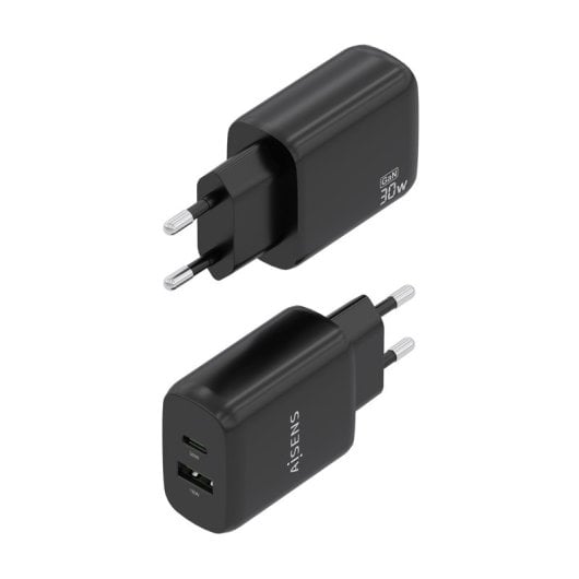 Aisens A110-0924 Cargador GaN 30W 1xUSB-C PD3.0 QC4.0 1xUSB-A QC3.0 Negro