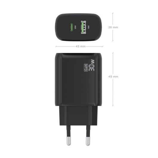 Aisens A110-0924 Cargador GaN 30W 1xUSB-C PD3.0 QC4.0 1xUSB-A QC3.0 Negro