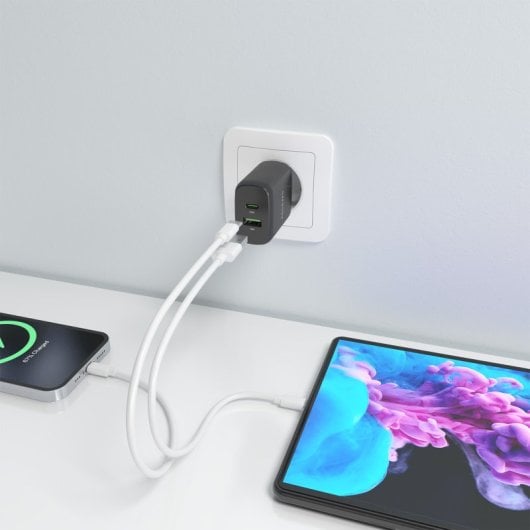 Aisens A110-0924 Cargador GaN 30W 1xUSB-C PD3.0 QC4.0 1xUSB-A QC3.0 Negro