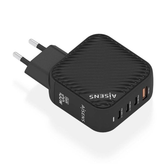Aisens ASCH-100W4P029-BK Cargador GaN 100W 3xUSB-C PD3.0 QC4.0 1xUSB-A QC3.0 Negro