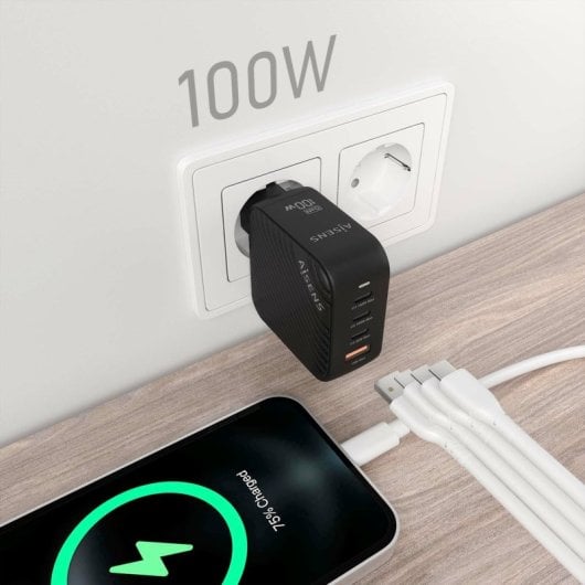 Aisens ASCH-100W4P029-BK Cargador GaN 100W 3xUSB-C PD3.0 QC4.0 1xUSB-A QC3.0 Negro