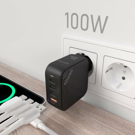 Aisens ASCH-100W4P029-BK Cargador GaN 100W 3xUSB-C PD3.0 QC4.0 1xUSB-A QC3.0 Negro