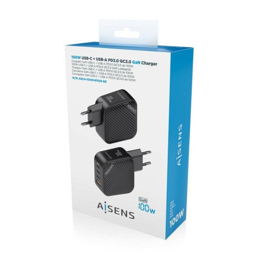 Aisens ASCH-100W4P029-BK Cargador GaN 100W 3xUSB-C PD3.0 QC4.0 1xUSB-A QC3.0 Negro