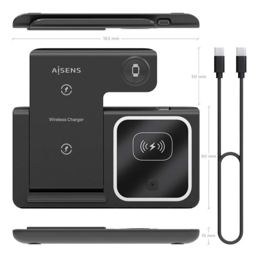 Aisens ASCH-15W3WC043-BK Cargador Inalámbrico USB-C 3 en 1 de 15W Negro