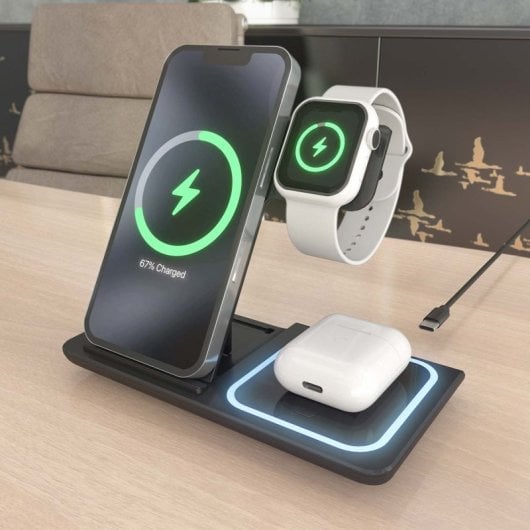 Aisens ASCH-15W3WC043-BK Cargador Inalámbrico USB-C 3 en 1 de 15W Negro