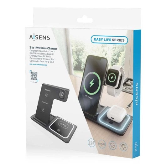 Aisens ASCH-15W3WC043-BK Cargador Inalámbrico USB-C 3 en 1 de 15W Negro