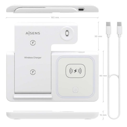 Aisens ASCH-15W3WC044-W Cargador Inalámbrico USB-C 3 en 1 de 15W Blanco