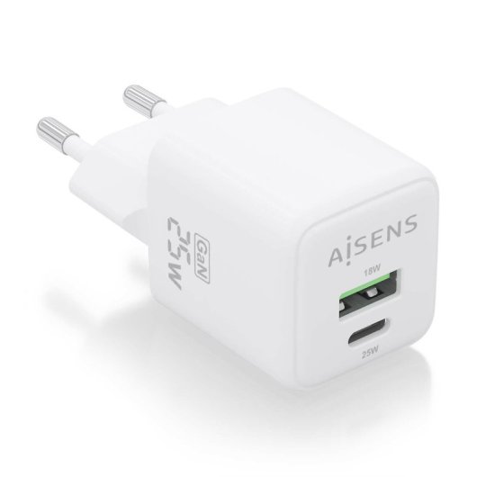 Chargeur Aisens ASCH-25W2P014-W 25 W GaN 1 x USB-C PD3.0 QC4.0 1 x USB-A QC3.0 Blanc