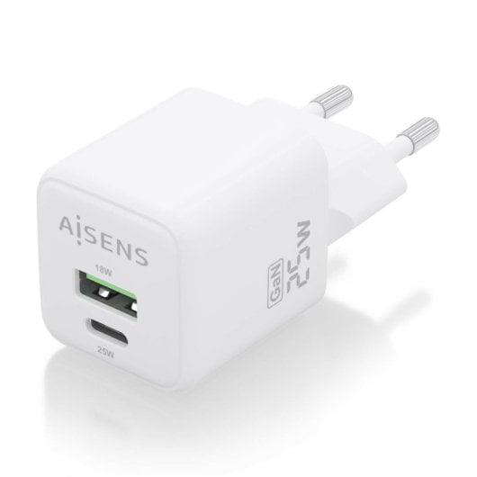 Chargeur Aisens ASCH-25W2P014-W 25 W GaN 1 x USB-C PD3.0 QC4.0 1 x USB-A QC3.0 Blanc