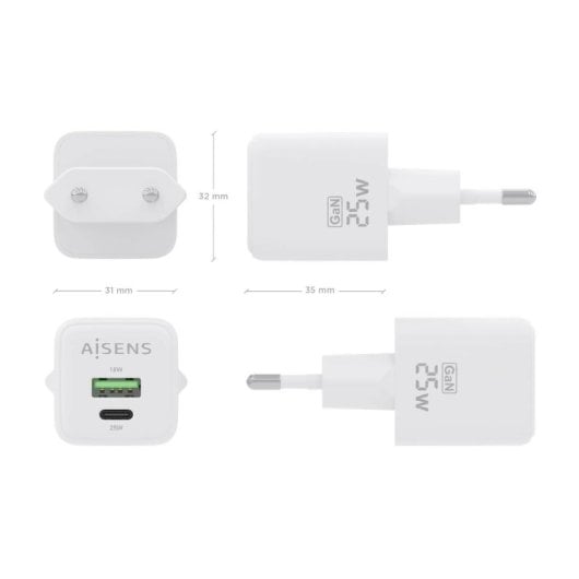 Chargeur Aisens ASCH-25W2P014-W 25 W GaN 1 x USB-C PD3.0 QC4.0 1 x USB-A QC3.0 Blanc