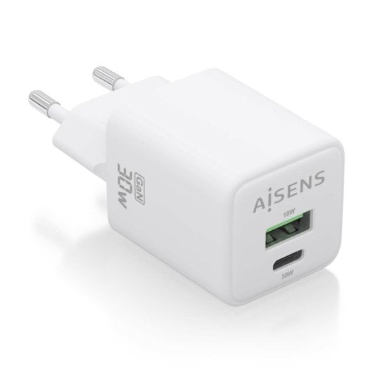 Chargeur Aisens ASCH-30W2P037-W 30 W GaN 1 x USB-C PD3.0 QC4.0 1 x USB-A QC3.0 Blanc