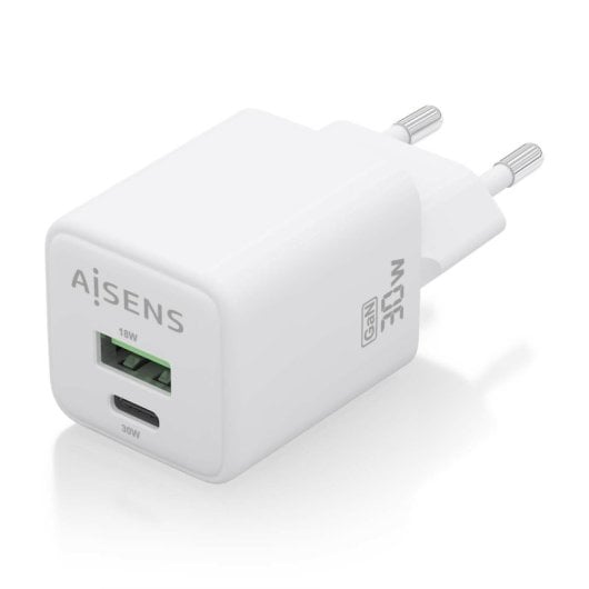 Chargeur Aisens ASCH-30W2P037-W 30 W GaN 1 x USB-C PD3.0 QC4.0 1 x USB-A QC3.0 Blanc