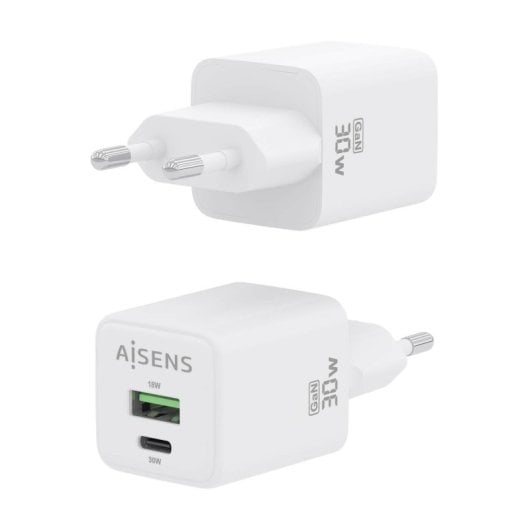 Chargeur Aisens ASCH-30W2P037-W 30 W GaN 1 x USB-C PD3.0 QC4.0 1 x USB-A QC3.0 Blanc