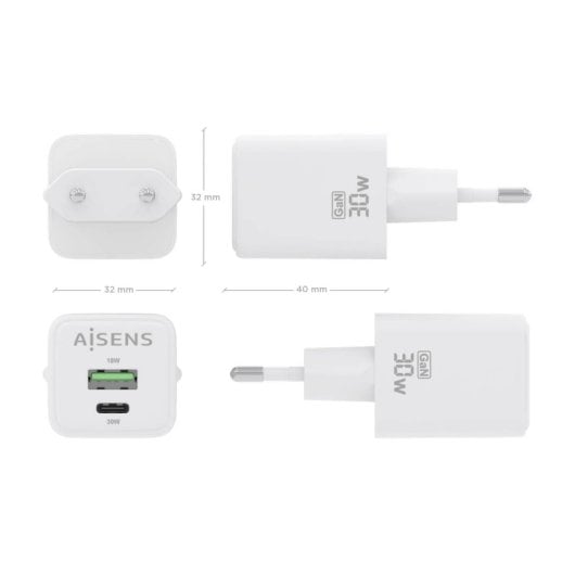 Chargeur Aisens ASCH-30W2P037-W 30 W GaN 1 x USB-C PD3.0 QC4.0 1 x USB-A QC3.0 Blanc