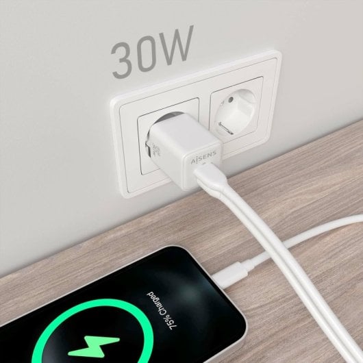 Chargeur Aisens ASCH-30W2P037-W 30 W GaN 1 x USB-C PD3.0 QC4.0 1 x USB-A QC3.0 Blanc
