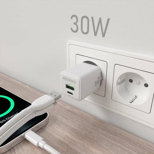 Chargeur Aisens ASCH-30W2P037-W 30 W GaN 1 x USB-C PD3.0 QC4.0 1 x USB-A QC3.0 Blanc