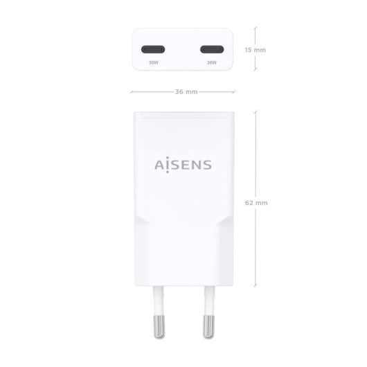 Aisens ASCH-30W2P048-W Ultra Slim GaN Ladegerät 30W 2xUSB-C PD3.0 QC4.0 Weiß