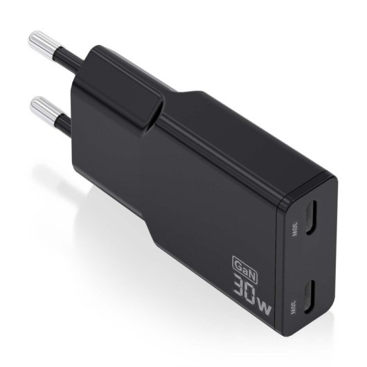 Aisens ASCH-30W2P049-BK Ultraflaches GaN-Ladegerät 30W 2xUSB-C PD3.0 QC4.0 Schwarz