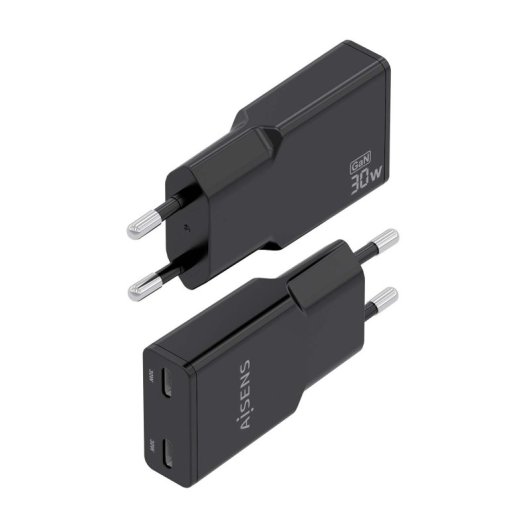 Aisens ASCH-30W2P049-BK Ultraflaches GaN-Ladegerät 30W 2xUSB-C PD3.0 QC4.0 Schwarz