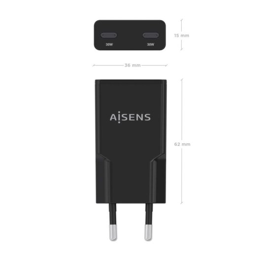 Aisens ASCH-30W2P049-BK Ultraflaches GaN-Ladegerät 30W 2xUSB-C PD3.0 QC4.0 Schwarz