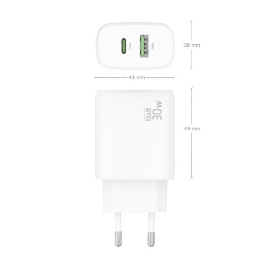 Aisens A110-0923 Cargador GaN 30W 1xUSB-C PD3.0 QC4.0 1xUSB-A QC3.0 Blanco