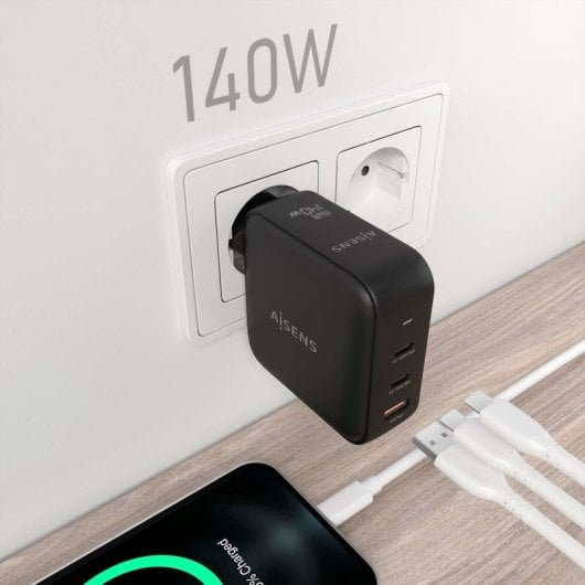 Chargeur Aisens ASCH-140W3P031-BK 140 W GaN 2 x USB-C PD3.1 QC4.0 1 x USB-A QC3.0 Noir
