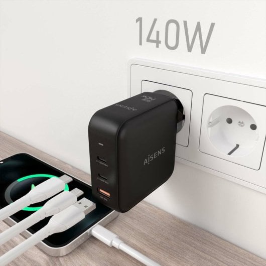Chargeur Aisens ASCH-140W3P031-BK 140 W GaN 2 x USB-C PD3.1 QC4.0 1 x USB-A QC3.0 Noir