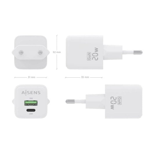 Aisens ASCH-20W2P010-W Cargador GaN 20W 1xUSB-C PD3.0 QC4.0 1xUSB-A QC3.0 Blanco