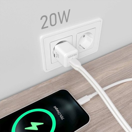 Aisens ASCH-20W2P010-W Cargador GaN 20W 1xUSB-C PD3.0 QC4.0 1xUSB-A QC3.0 Blanco